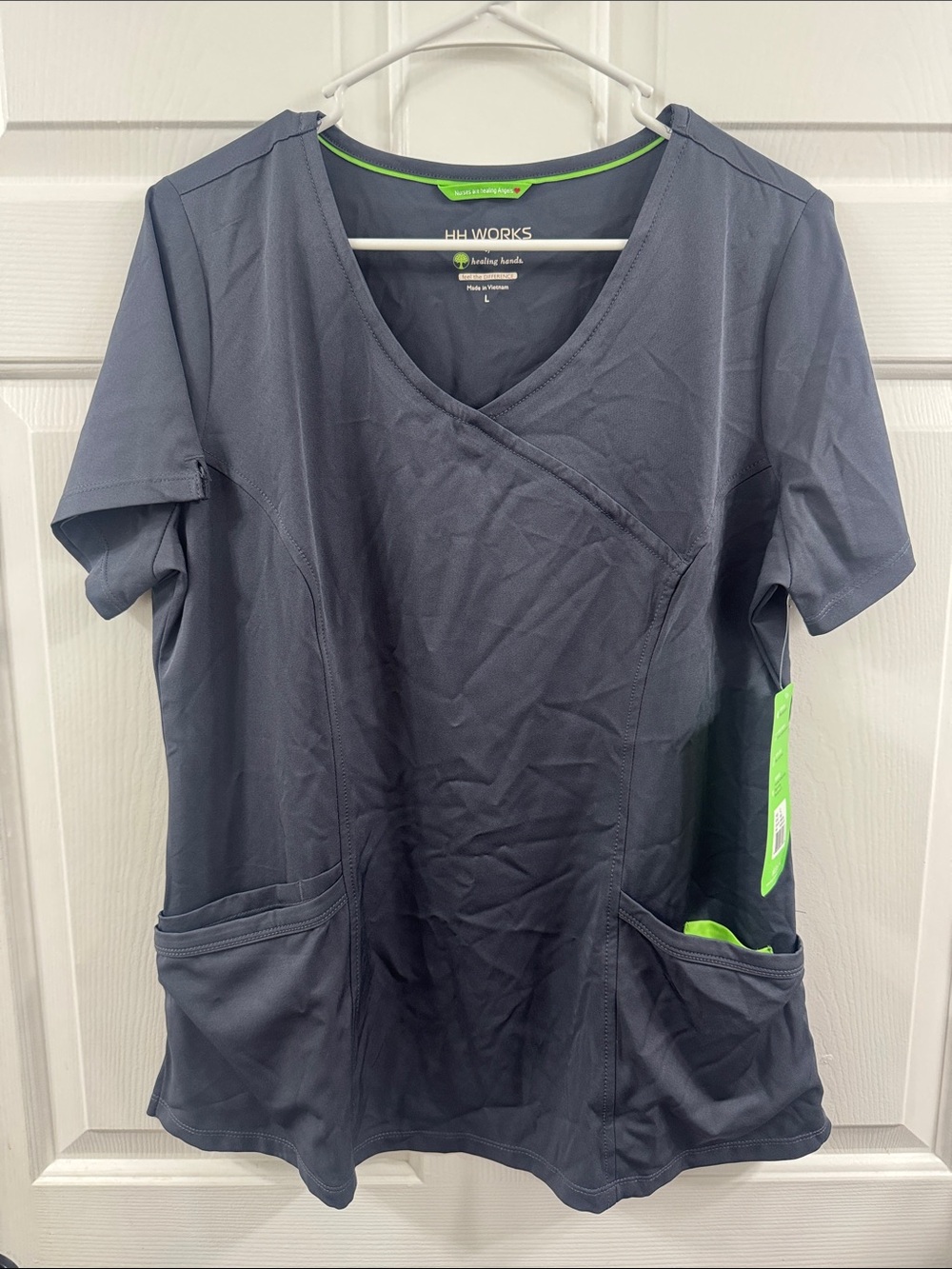 healing hands Charcoal V-Neck Scrub Top with Lime Trim